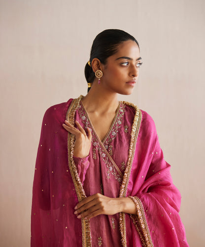 Mahjabeen Handloom Rani Pink Cotton Tissue Angarakha With Pants And Organza Dupatta