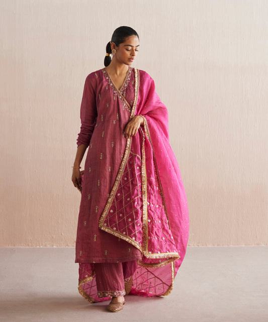 Mahjabeen Handloom Rani Pink Cotton Tissue Angarakha With Pants And Organza Dupatta