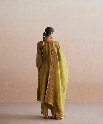 Aayat Handloom Chartreuse Green Cotton Tissue Kurta With Pants And Embroidered Dupatta