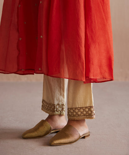 Noor Handloom Rust Orange Organza Kurta With Cotton Tissue Pants And Gota Work Dupatta