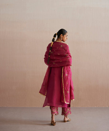 Meheroo Handloom Rani Pink Organza Kurta With Cotton Chanderi Pants