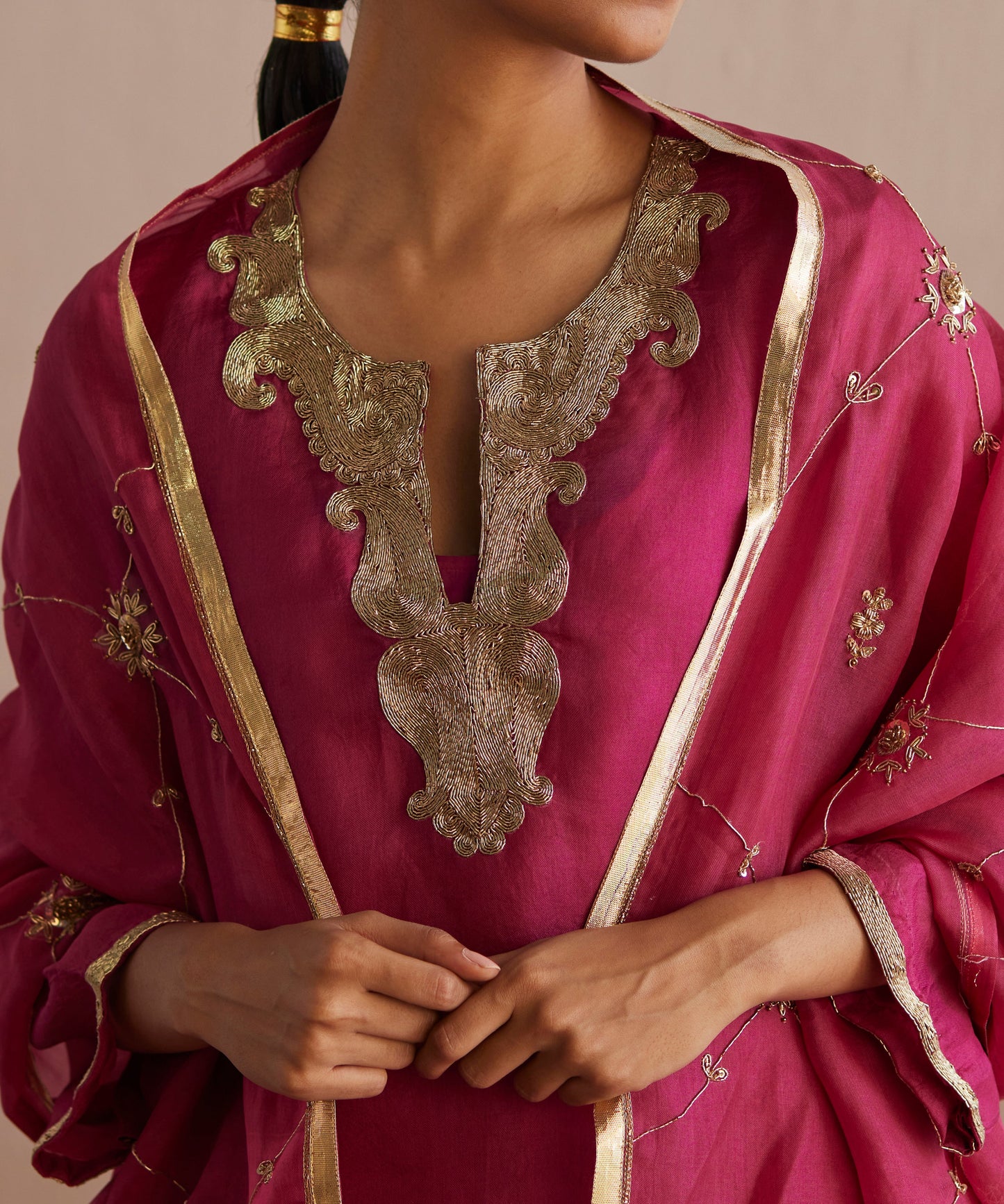 Meheroo Handloom Rani Pink Organza Kurta With Cotton Chanderi Pants