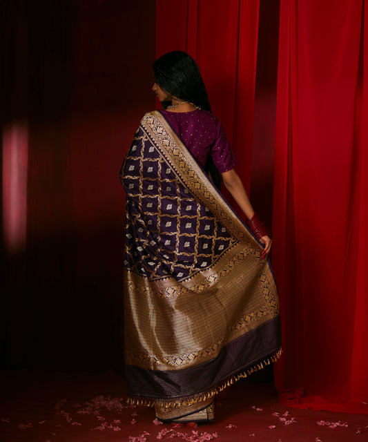 Purple Handloom Pure Katan Silk Banarasi Saree With Red Meenakari Border