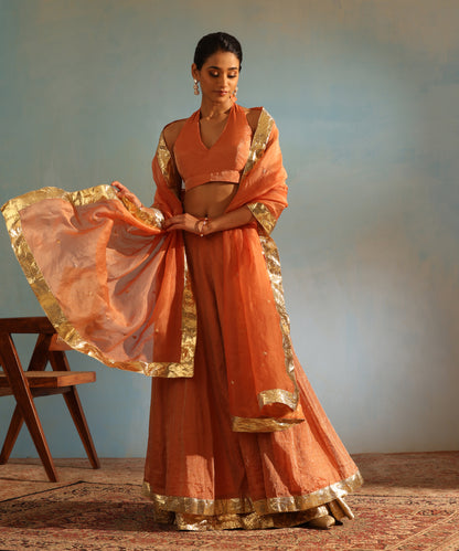 Orange Handcrafted Tissue Silk Kalidaar Lehenga Set With Organza Dupatta