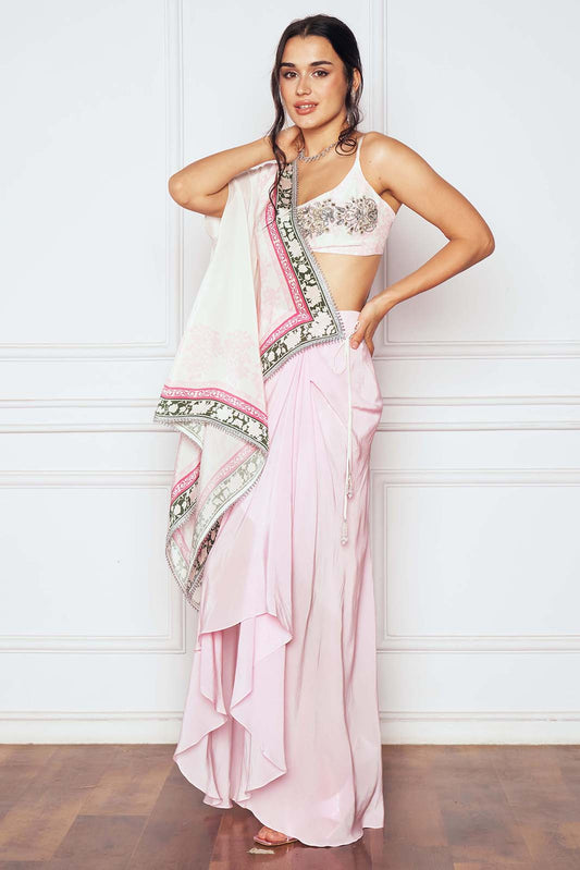 PINK TIE UP SAREE WITH DRAPED SKIRT & BLOUSE