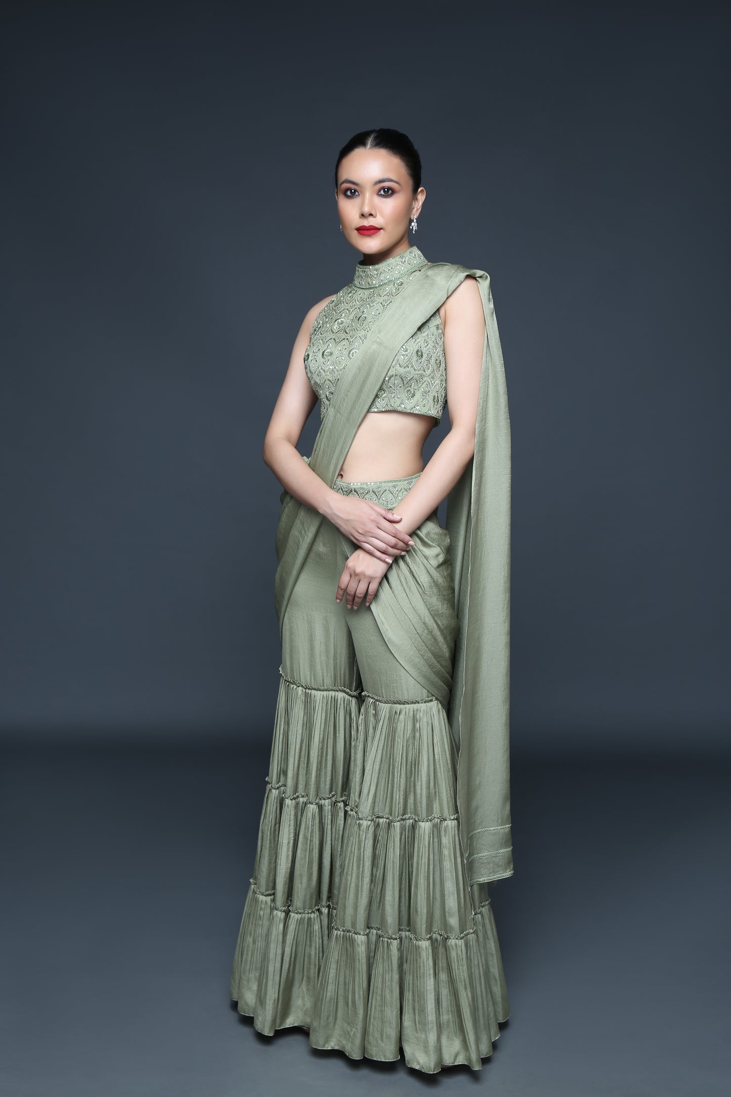 Moss Green Pre Drape Saree