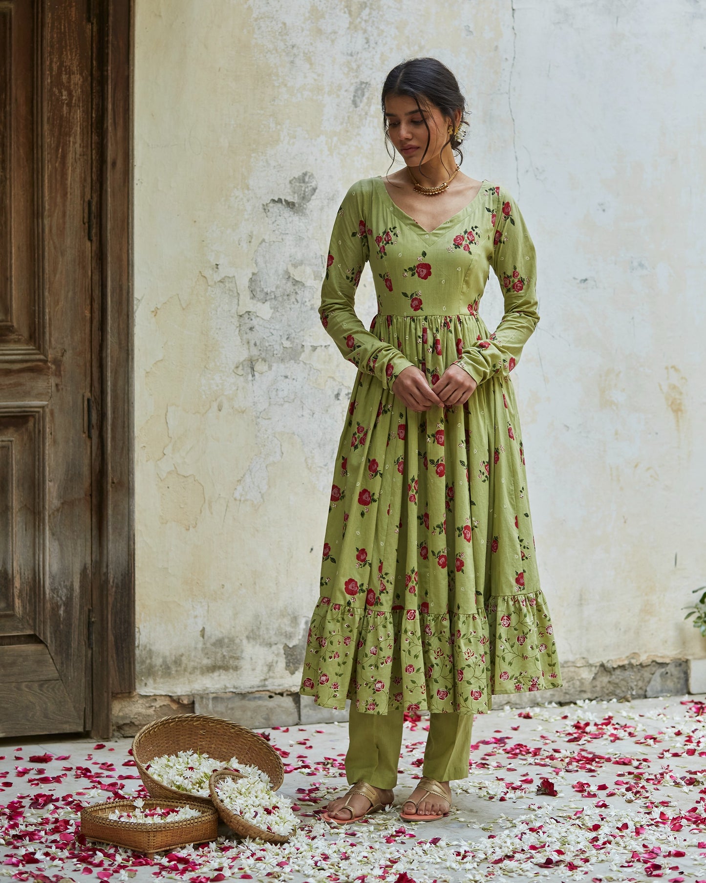 Pista Green Anarkali Beauty: Cotton Gather Anarkali Set with Chanderi Duppata-M 11