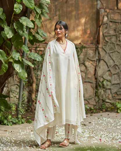 Ivory Lace Radiance: Handwoven Chanderi Comfort Fit Set with Lace Detailing-M13