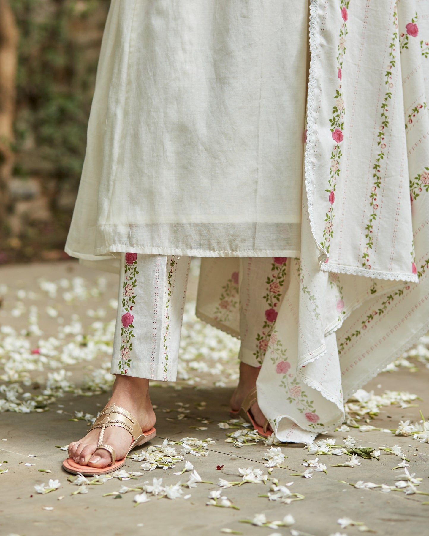 Ivory Lace Radiance: Handwoven Chanderi Comfort Fit Set with Lace Detailing-M13
