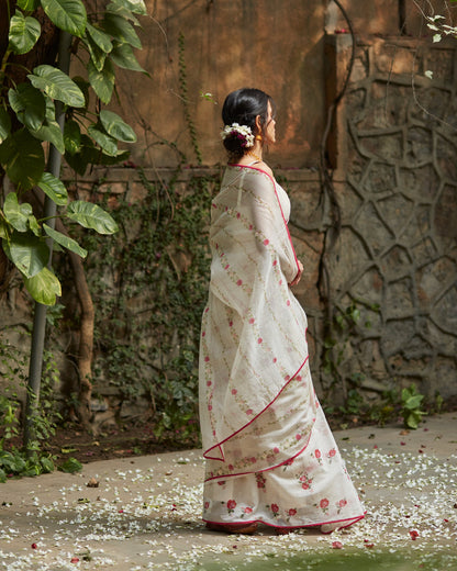 Roseate Saree Elegance: Ivory Handwoven Chanderi Saree with Block Print-M14