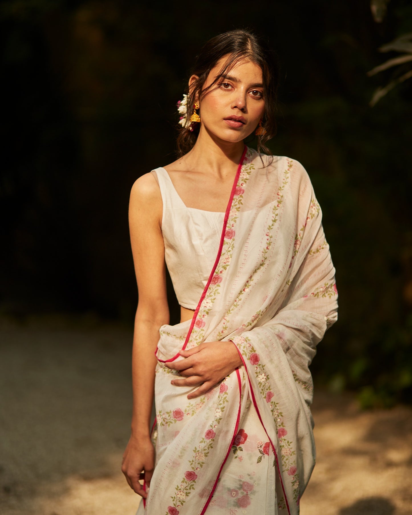 Roseate Saree Elegance: Ivory Handwoven Chanderi Saree with Block Print-M14