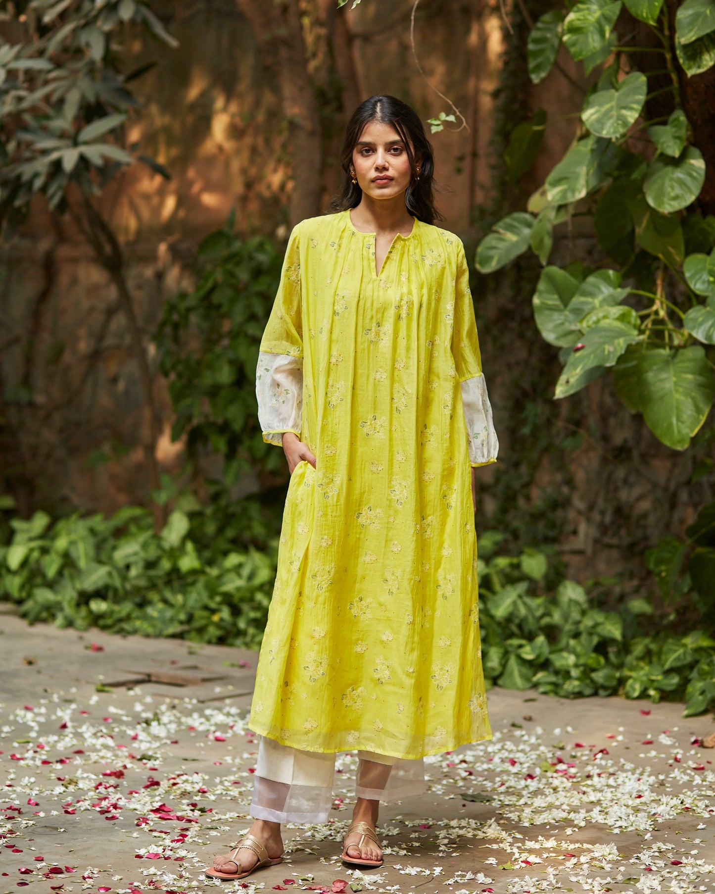Ivory and Lime Color Block: Handwoven Chanderi Kurta Set with Gather Sleeve-M 19