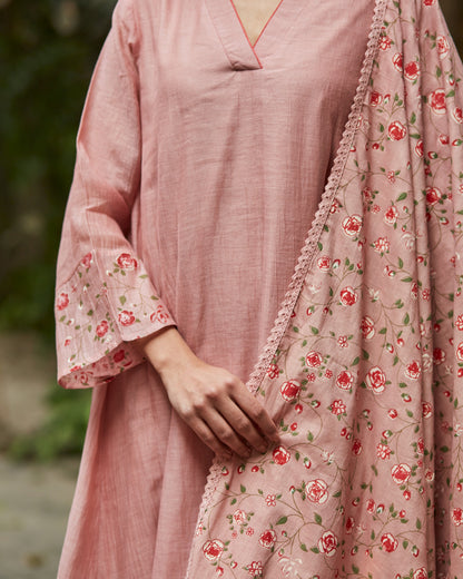 Old Rose Delight: Comfort Fit Kurta Set with Hand Block Print and Stole-M20