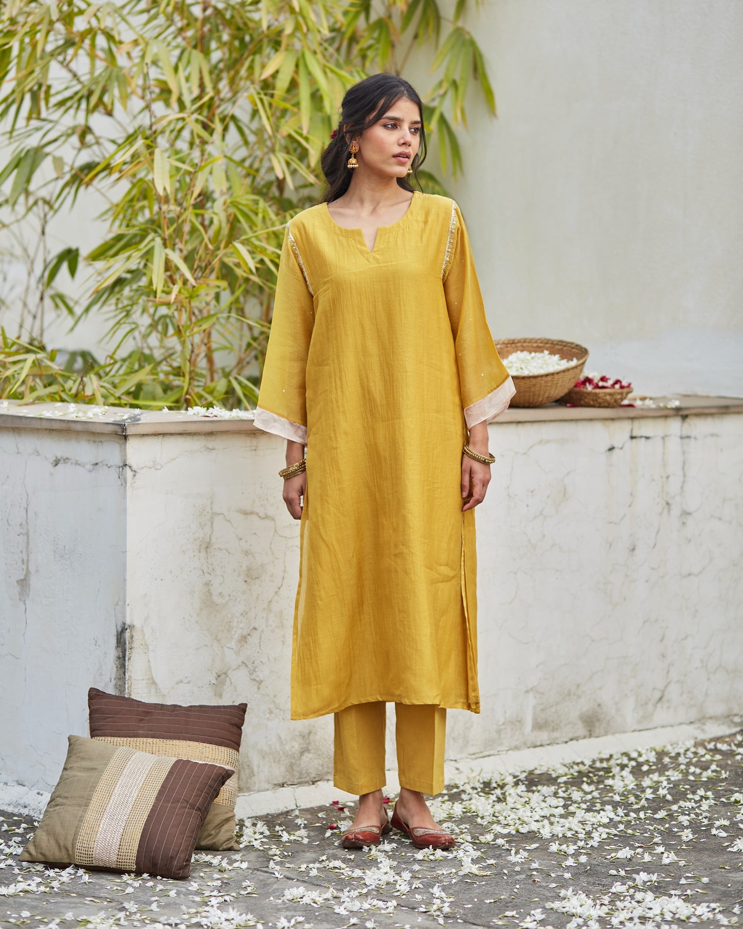 Ochre Embroidered Elegance: Comfort Fit Kurta Set with Tissue Detailing-M 22