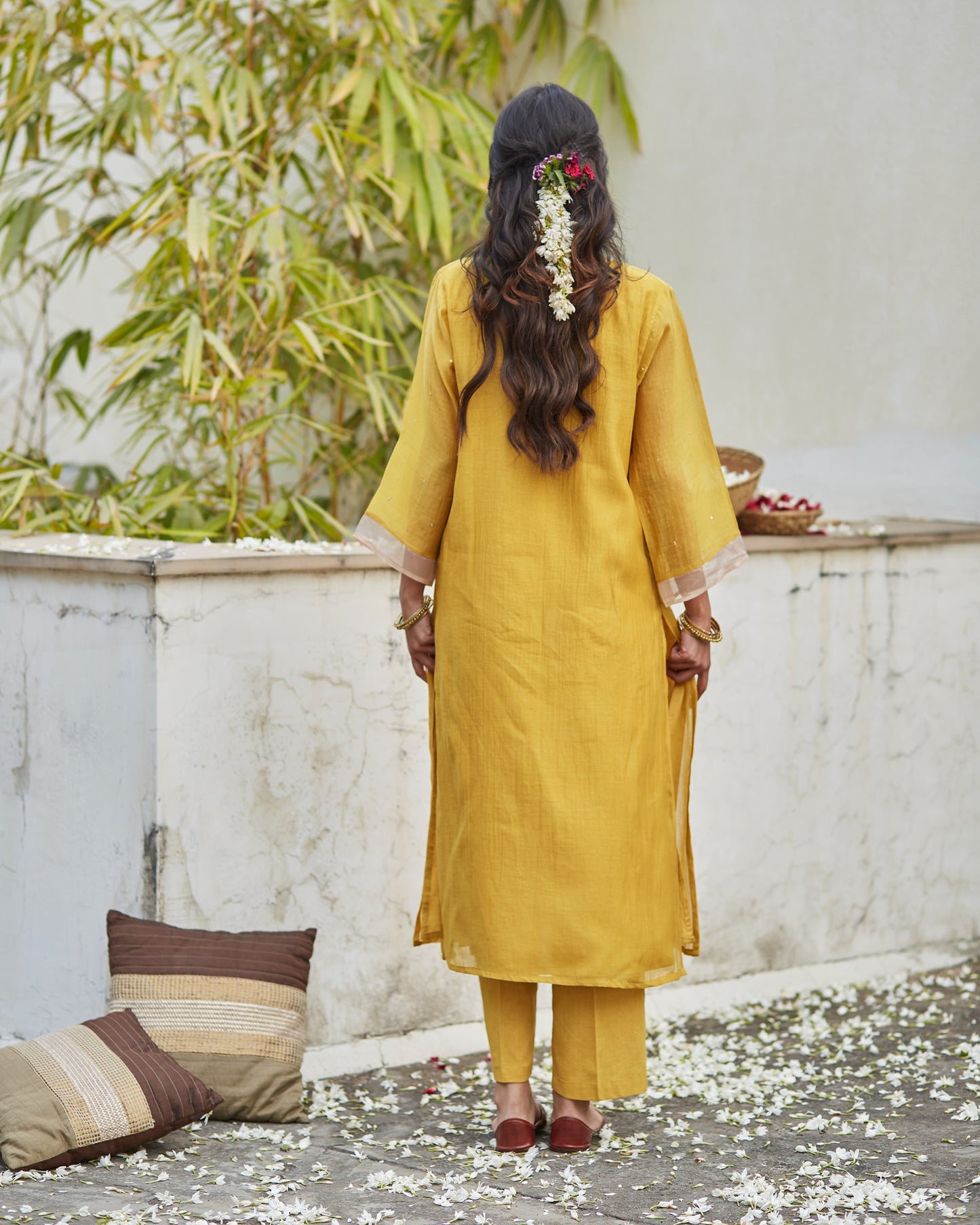 Ochre Embroidered Elegance: Comfort Fit Kurta Set with Tissue Detailing-M 22