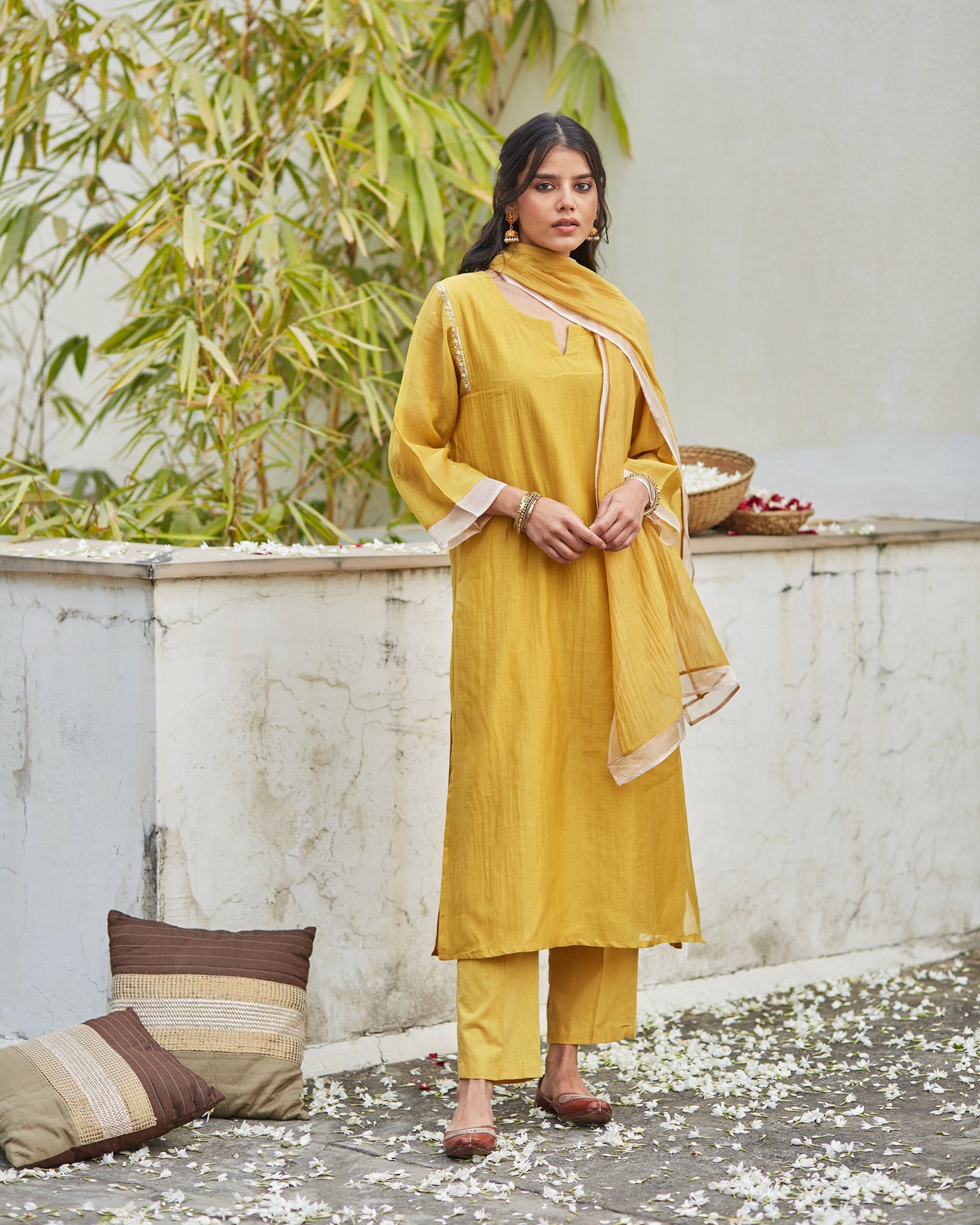 Ochre Embroidered Elegance: Comfort Fit Kurta Set with Tissue Detailing-M 22