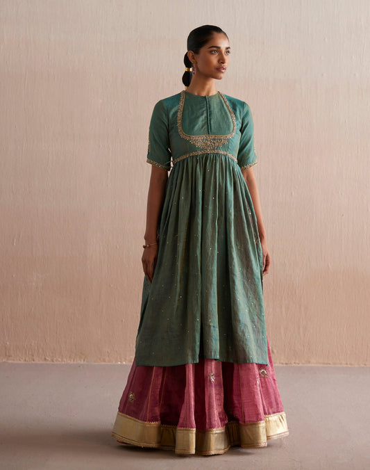 Inayaat Handloom Sea Blue Kurta With Rani Pink Skirt