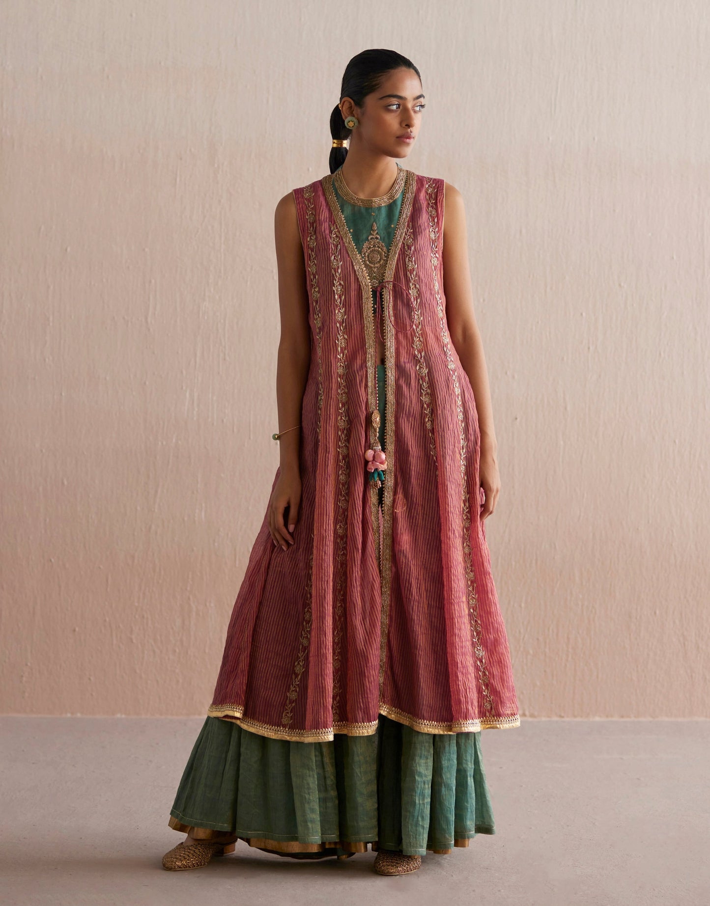 Zehenaseeb Handloom Sea Blue Cotton Tissue Short Top With Gharara And Embroidered Cape