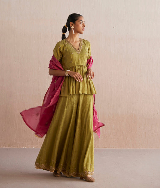 Izhaar Handloom Chartreuse Green Cotton Tissue Kurta Top With Sharara And Embroidered Dupatta