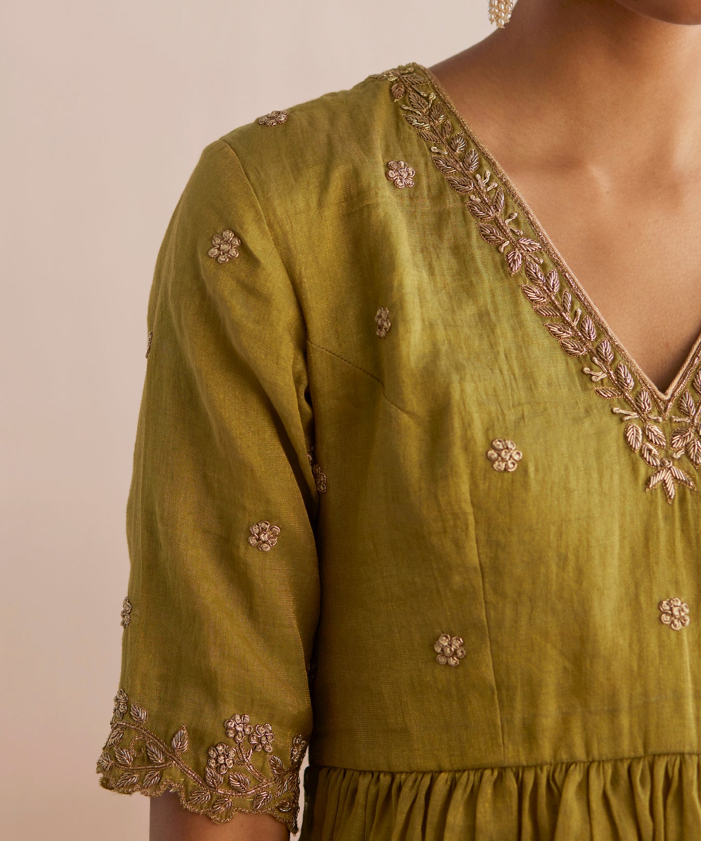 Izhaar Handloom Chartreuse Green Cotton Tissue Kurta Top With Sharara And Embroidered Dupatta