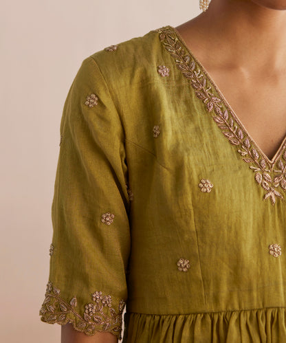 Izhaar Handloom Chartreuse Green Cotton Tissue Kurta Top With Sharara