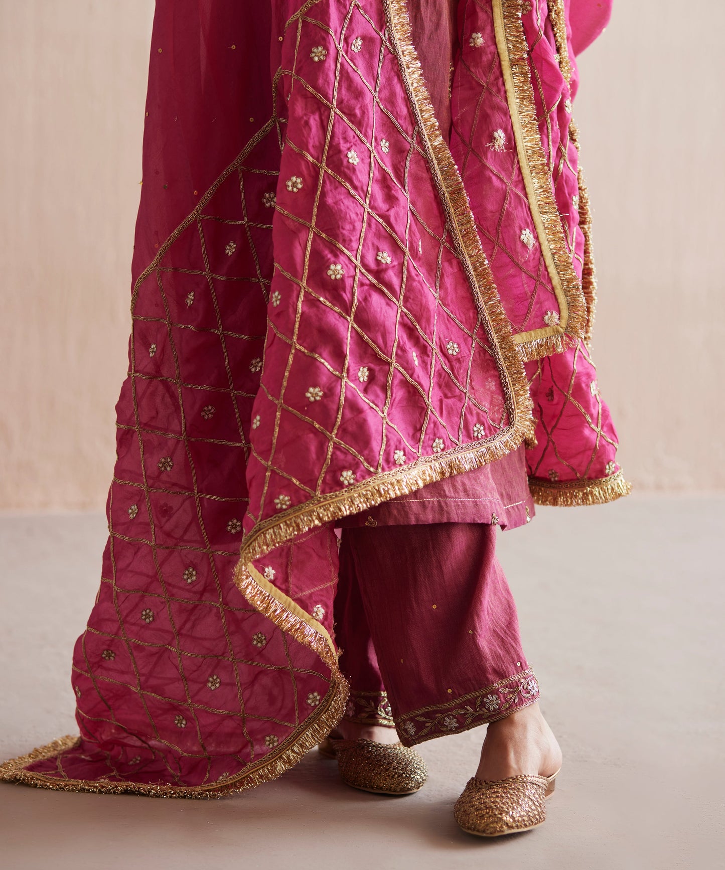 Mahjabeen Handloom Rani Pink Cotton Tissue Angarakha With Pants