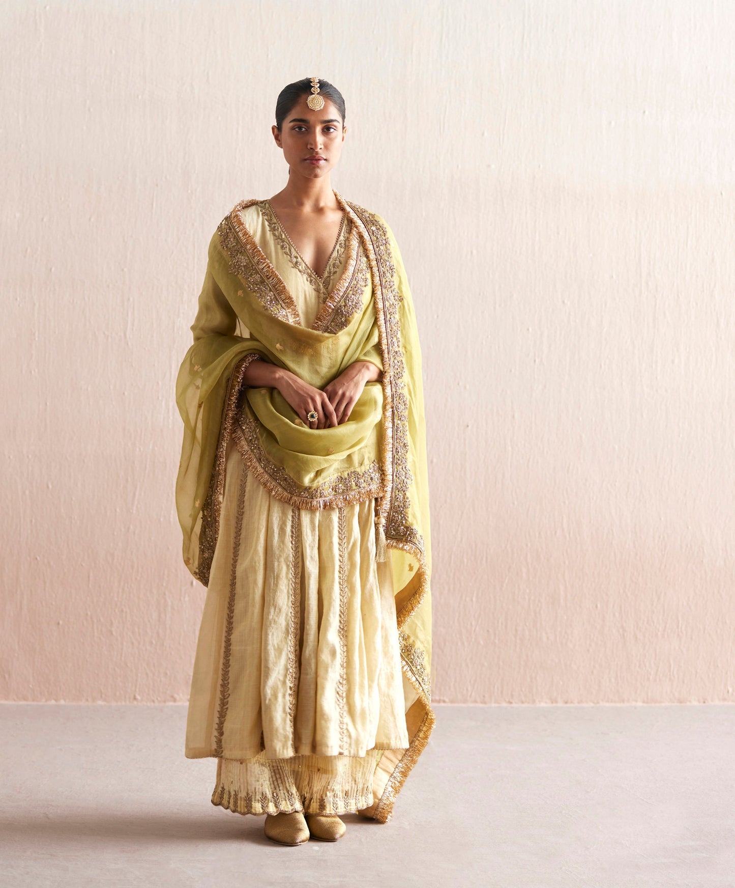 Nayaab Handloom Off White Cotton Tissue Angrakha With Pants And Embroidered Dupatta