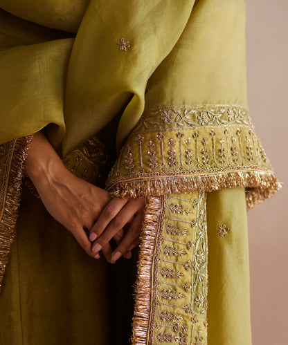 Aayat Handloom Chartreuse Green Cotton Tissue Kurta With Pants