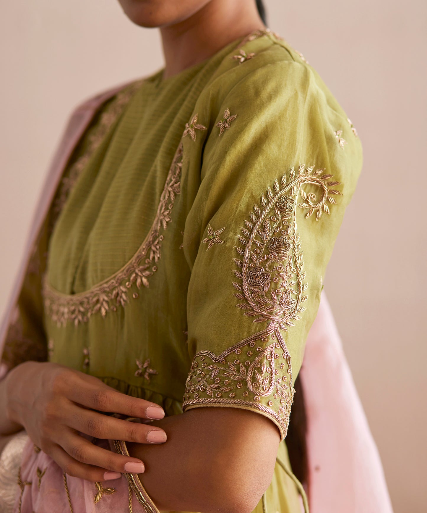 Inaayat Handloom Chartreuse Green Cotton Tissue Kurta With Pants And Embroidered Dupatta