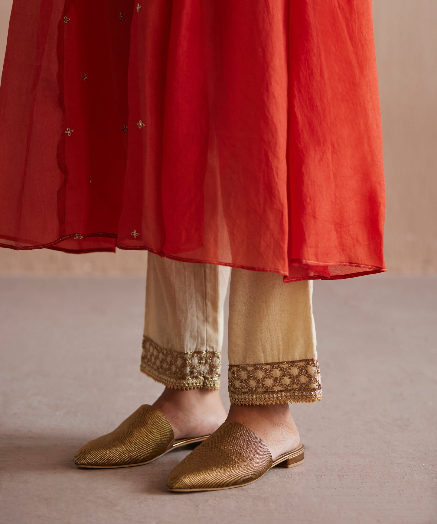 Noor Handloom Rust Orange Organza Kurta With Cotton Tissue Pants