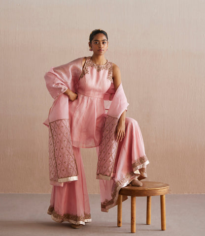 Afsana Handloom Baby Pink Organza Top With Gharara And Organza Dupatta