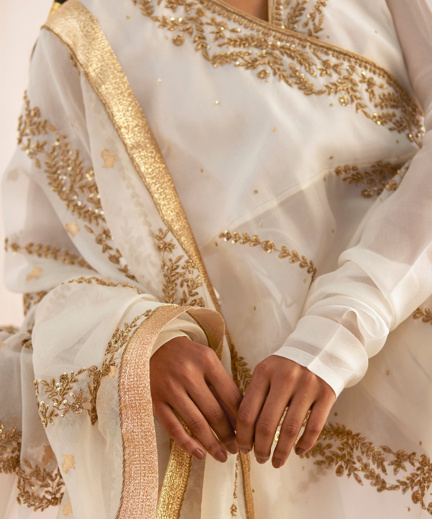 Mahjabeen Handloom Organza Off White Angrakha With Pants And Organza Dupatta
