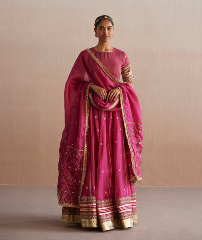 Mastani Handloom Rani Pink Cotton Tissue Blouse With Skirt And Embroidered Dupatta