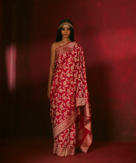 Handloom Red Pure Katan Silk Banarasi Saree With Meenakari