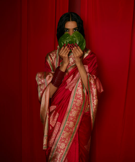 Handloom Red Pure Katan Silk Banarasi Saree With Leaf Motifs And Meenakari Border
