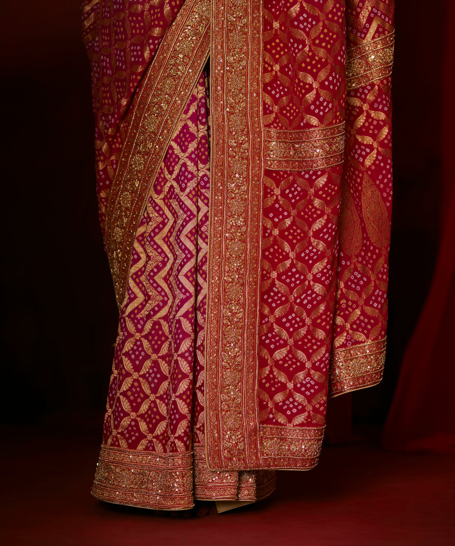 Handloom Pink Pure Georgette Banarasi Bandhej Saree With Hand Embroidery