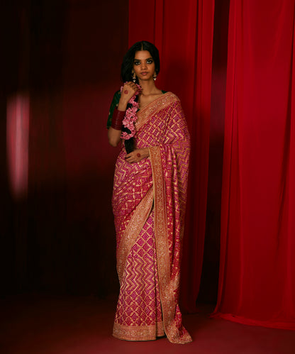 Handloom Pink Pure Georgette Banarasi Bandhej Saree With Hand Embroidery