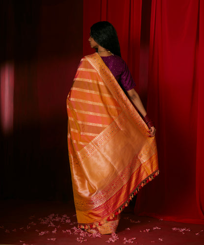Peach And Orange Handloom Pure Katan Silk Rangkaat Banarasi Saree