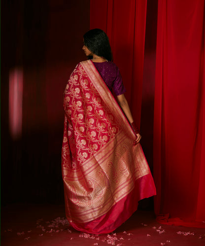 Rani Pink Handloom Pure Katan Silk Banarasi Saree With Meenakari Floral Jaal