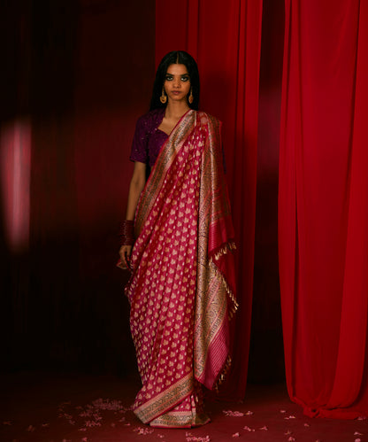 Hot Pink Handloom Pure Katan Silk Banarasi Saree With Pure Zari