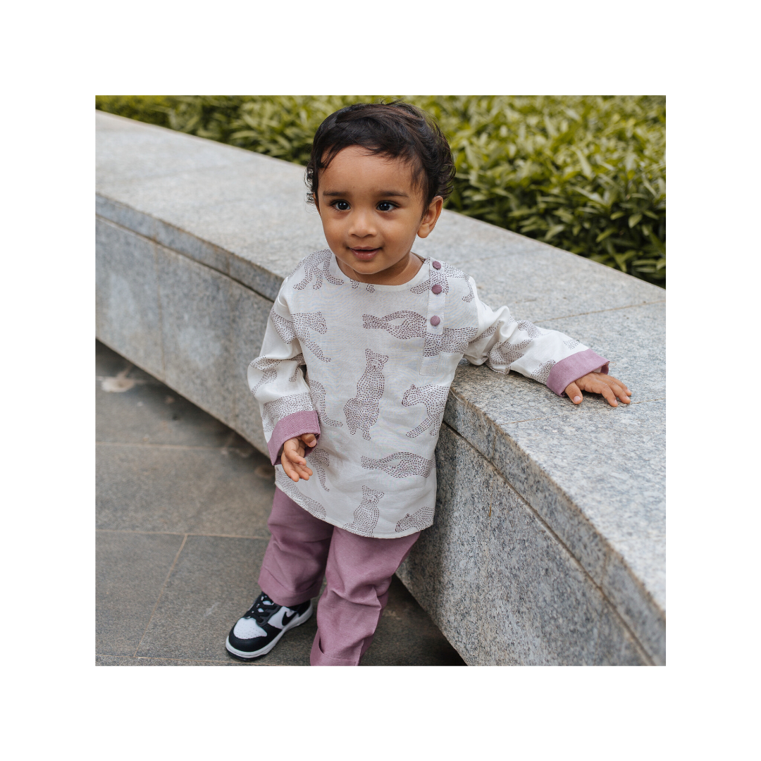 Chanderi Kurta Pyjama Set | Hand-Block Printed- Cheerful Cheetahs