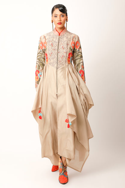 Foliage Embroidered Zippered Angrakha With Pants - Beige