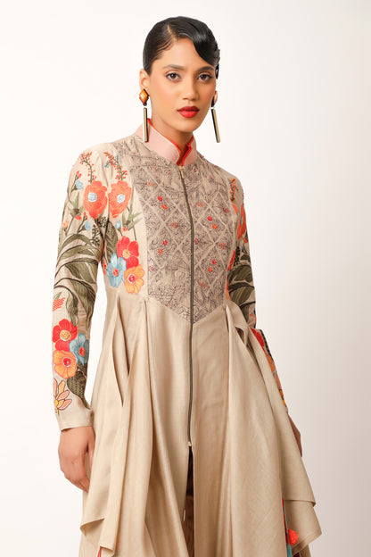 Foliage Embroidered Zippered Angrakha With Pants - Beige