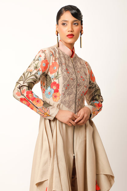 Foliage Embroidered Zippered Angrakha With Pants - Beige