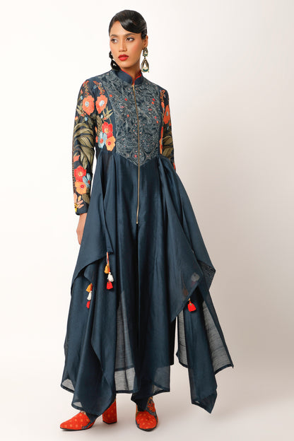 Foliage Embroidered Zippered Angrakha With Pants - Midnight Blue