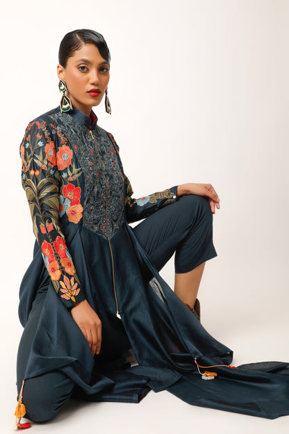 Foliage Embroidered Zippered Angrakha With Pants - Midnight Blue