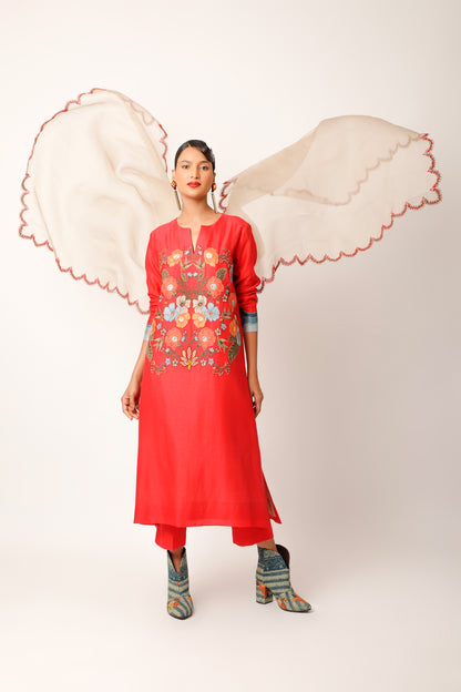 Foliage Embroidered Straight Kurta With Pants - Red