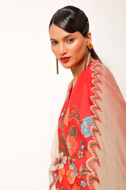 Foliage Embroidered Straight Kurta With Pants - Red