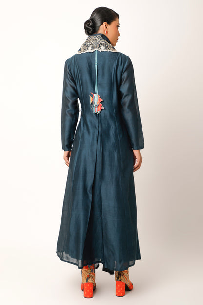 Waves Embroidered Draped Collar Angrakha With Pants - Midnight Blue