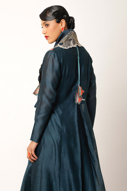 Waves Embroidered Draped Collar Angrakha With Pants - Midnight Blue